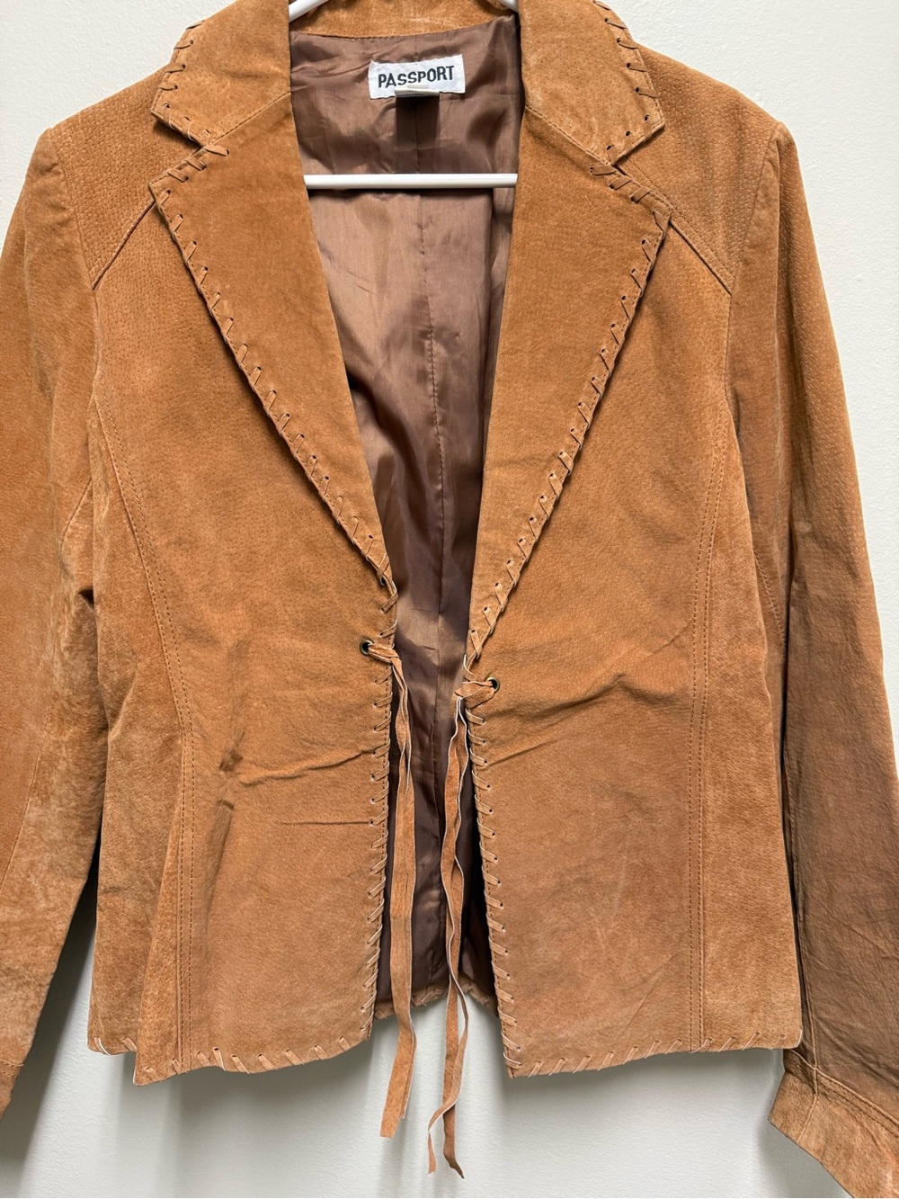 Passport Women’sStitched Tan Leather Lined Jacket Front Tie Adjustable Size L